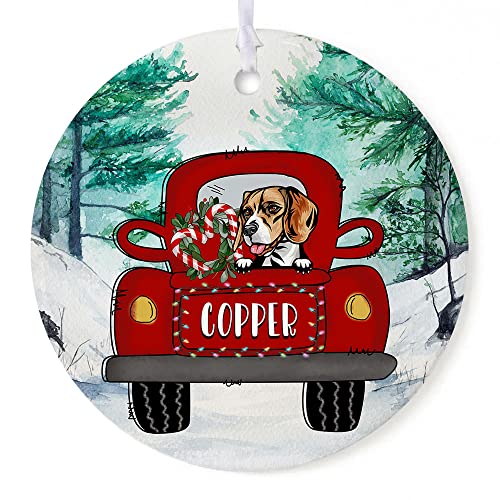 Funny Personalized Name Beagle Xmas Tree Decorations White 2.9″ Ornament Circle Ceramic Gifts for Dogs Lovers Dog Owners Red Truck Candy Keepsake Home Holiday Presents