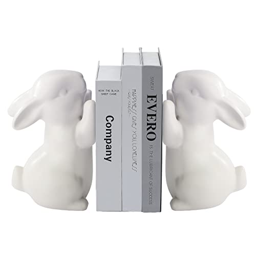 BestAlice 2 Pcs Rabbit Bookends, Bunny Book Ends for Shelves, Ceramic Animal Figurine Book Ends Stands Shelves Organizer, Heavy Duty Bookends to Hold Books, White Rabbit Home Decor