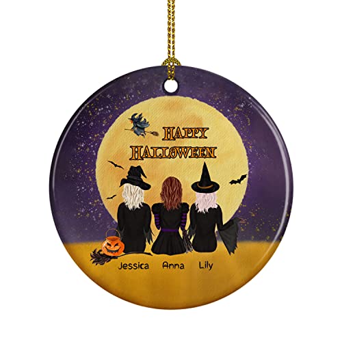 Personalized Halloween Ceramic Ornament – Customs Name for Friends, Happy Halloween with Three Girl , Halloween Tree Accessories for Indoor Outdoor Halloween Party Table Decor