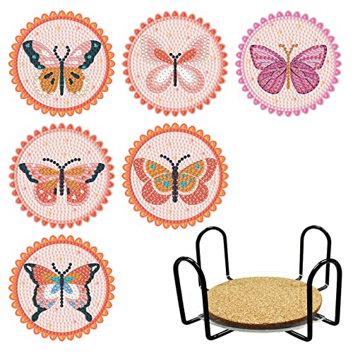 LUSandy 6pcs DIY 5D Colorful Butterfly Diamond Painting Coasters Kits for Adults Butterfly Diamond Art Coasters for Drinks Coffee Table Wooden Table Cork Coasters Reusable Drink Coaster with Holder