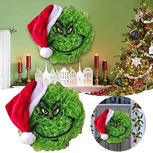 Artificial Christmas Green Wreath for Front Door , Ypfxvk 15.7″ Wreath with Christmas Red Hat,Home Front Door Hanging Wall Window Decor,Party Decorations