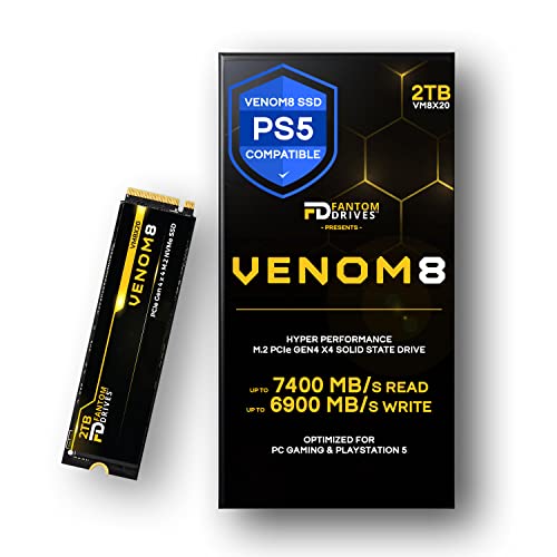 Fantom Drives VENOM8 2TB SSD NVMe Gen 4 M.2 2280 for PS5 Storage Expansion, Gaming PC & Laptops – Up to 7400MB/s – 3D NAND TLC 2TB M.2 (VM8X20)