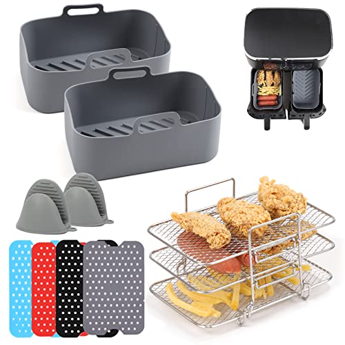 CUTIECLUB Silicone Pot and 304 Stainless Steel Air Fryer Rack for Ninja Dual Air Fryer, Air Fryer Liner Basket Rectangle Bowl Stackable Dehydrator Toast Oven Rack Accessories – Grey