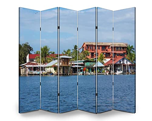 6 Panels Screen Room Divider Houses Water Boats Bocas del Toro Canvas Screen Indoor Folding Separator Freestanding Protective Wall Divider Privacy Partition