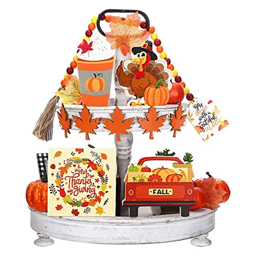 Ypfxvk Fall Tiered Tray Decor Set, Wooden Thanksgiving Day Signs Maple Happy_Harvest Banner,Farmhouse Pumpkin Gnome Wooden Garland for Home Kitchen Tabletop Holiday Decorations (C, One Size)