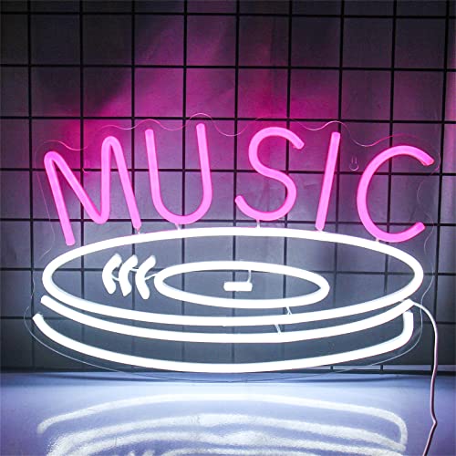 Music Record Logo Neon Sign, Custom Studio Disco Party Decor USB LED Neon Lights, Wall Hanging Luminous Signboard, 40X26cm