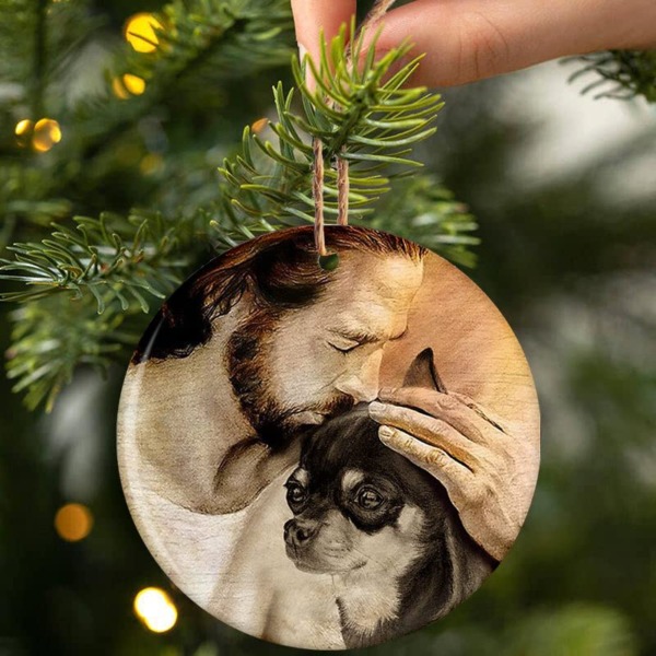 Jesus Cuddling Chihuahua Christmas Ornaments – Round Ceramic Christmas Tree Decorations | Hanging Ornament for Fall Winter Season Set 11 | Pack 1 Trinkets