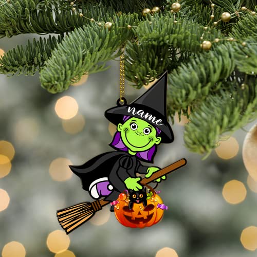 Personalized Green Witch Pumpkin Season Ornament – Custom Name Wooden/Acrylic Ornament, Witch Halloween Ornament, X-mas Accessories & Decorations, Christmas Tree Decor, Decorative Gift Home Ornament