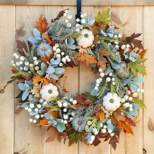 Fall Wreath for Front Door, 18 Inch Autumn Wreath with Maple Leaf Pumpkins and Berries, White Artificial Pumpkins Wreath, Thanksgiving Wreaths for Window Wall Decoration