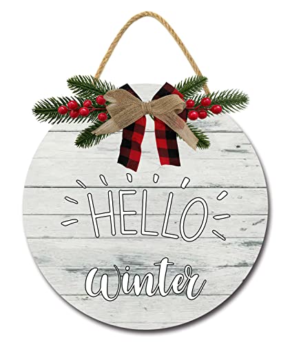 UFceLl Welcome Hello Sign Winter Front Door Round Wooden Hanging Holiday Seasonal Decor for Spring Summer Autumn Farmhouse Porch Wall 11.2 x 11.2