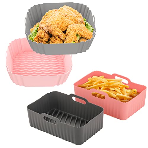OUTXE 2-Pack Square Silicone Air Fryer Liners 8 inch for 4 to 7 QT, OUTXE 2-Pack Dual Air fryer Silicone Liners for 8 to 10 QT Ninja DZ201/ DZ401