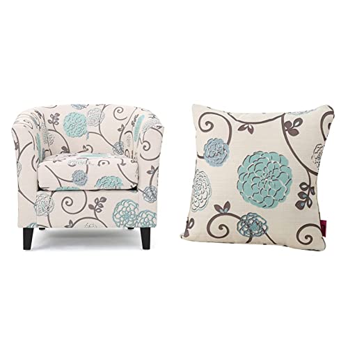 Christopher Knight Home Preston Fabric Club Chair, White/Blue & Ippolito Fabric Pillow, White and Blue Floral
