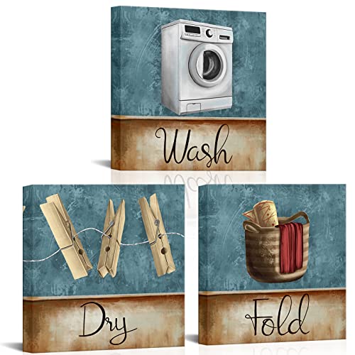VANSEEING 3 Piece Laundry Sign Wall Art Decor Wash Fold Dry Signs Print on Canvas Vinatge Artwork for Home Farmhouse Laundry Room Decor Ready to Hang 12x12inchx3pcs