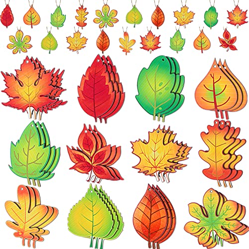 36 Pcs Fall Thanksgiving Wooden Ornaments Autumn Maple Leaves Cutouts Wooden Hanging Ornament for Tree Crafts with Rope for Thanksgiving Fall Autumn Party Decor (Pure Leaf Style)