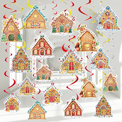 36 Pcs Christmas Gingerbread House Hanging Foil Swirl Decorations Set Xmas Holiday Ceiling Hanging Swirls for Indoor Outdoor Happy Christmas Holiday Party Decoration Supplies