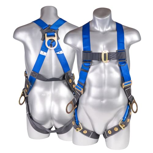 Palmer Safety Full Body Construction Harness with 5 Point Adjustment, 3D-Ring, Grommet Legs, and Fall Indicators I OSHA ANSI Roofing Tool Personal Equipment (Blue – Universal)