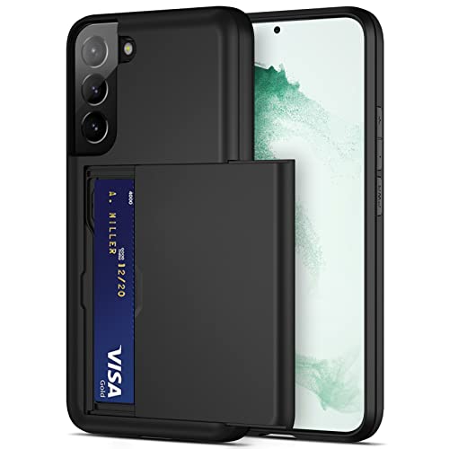 Jiunai for Samsung S22 Case, Galaxy S22 Case Credit Card IDs Cash Holder Shell Wallet Case Slide Cover Dual Layer Hard PC Rubber Cover Phone Case for Samsung Galaxy S22 5G 6.1” 2022 Black