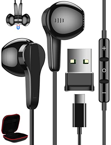 Type C Headphones USB Computer Headset with USB C Female to USB Male Adapter 2-in-1 USB Earphones Noise Canceling Type C Earbud Compatible with Macbook Desktop PC Computer and Most Type C Device Black