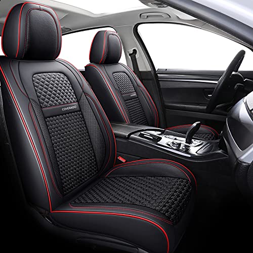 Coverado Car Seat Covers, Super Breathable Faux Leather Car Seat Cushions, Waterproof Auto Interiors Full Set, Universal Fit Most Vehicles, Sedans and SUVs, Black&Red Trim