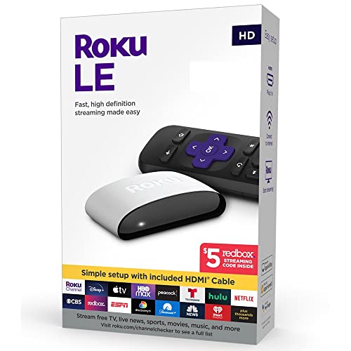 Roku LE Streaming Media Player 3930S3, Fast, High Definition – 1080p Full HD (Includes Charging Cube, Remote, Batteries, & High-Speed HDMI Cable, Redbox Promo) , White