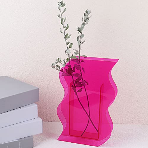 DaizySight Acrylic Flower Vase for Aesthetic Room Decor, Irregular Curvy Wave Plastic Decorative Vase for Bedroom, Living Room Table – Pink Wave