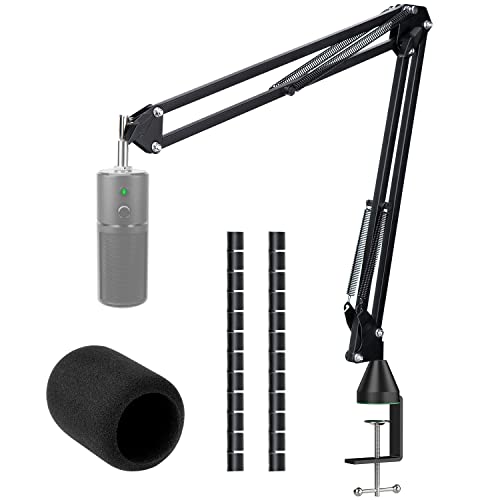 WIBOND Razer Seiren X Mic Boom Arm Stand with Mic Foam Cover – Suspension Mic Stand and Windscreen with 2 pcs Cable Sleeve Compatible with Razer Seiren X Streaming Microphone