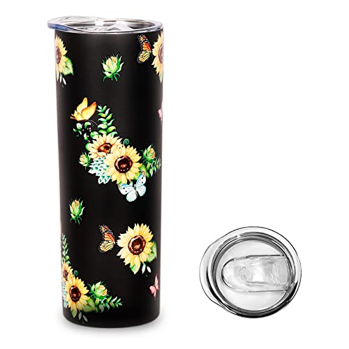 JIU HONG CHAO Sunflower gifts 20oz Tumblers Cups with Lid Skinny Travel Coffee Mug Yellow Sunflower 5D Print Slim Tall Cup Stainless Steel Insulatied Drinking Cup Gifts for Women Kids