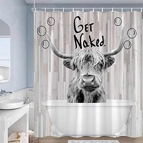 JJNAEE Get Naked Highland Cow Shower Curtain Farm Animal Western Bull Rustic Barn Board Funny Quotes Farmhouse Bathroom Decor Cloth Curtains with Hooks 70 x 70 in