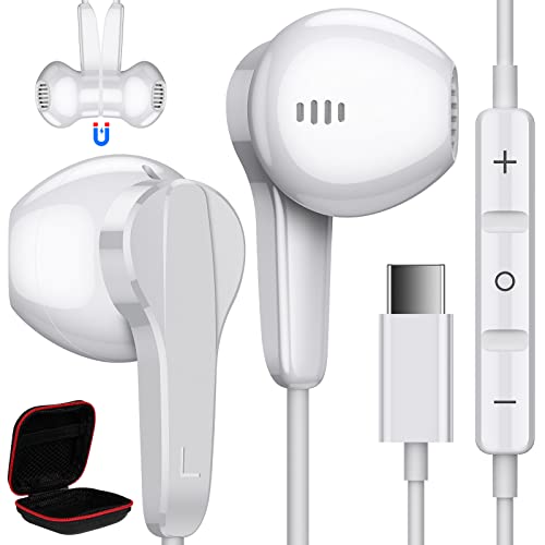 USB C Headphones for Samsung A53 S22 Ultra S21 FE S20,USB Type C Earphone Wired Stereo Volume Control Magnetic in Ear Earbuds for Galaxy Z Flip 3 4 Pixel 7 Pro 6 6A Oneplus 10 White