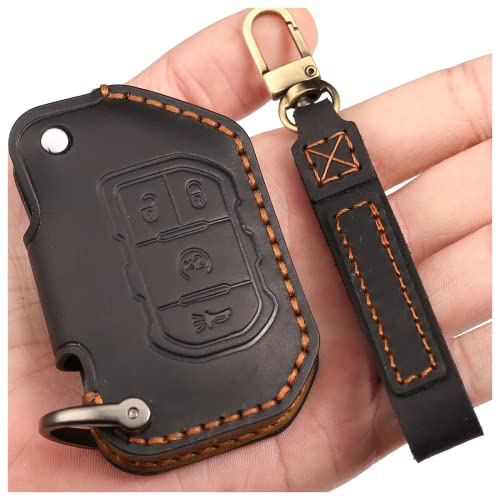 jeep gladiator key fob cover, Genuine Leather Key Fob Case protector for Jeep Wrangler JL JLU Rubicon Jeep Gladiator JT Sahara with leather keychain for Jeep Wrangler Key fob case Holder only for 4 Buttons (black)