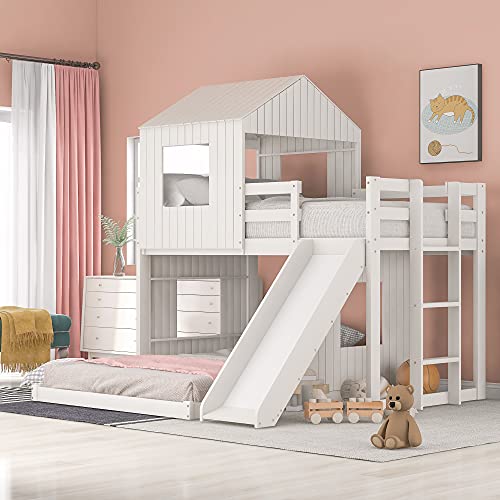 Harper & Bright Designs Twin Over Full Bunk Bed with Slide and Roof, Wood House Bunk Bed with Ladder and Guardrails, Playhouse Bed for Kids Teens Girls Boys – White