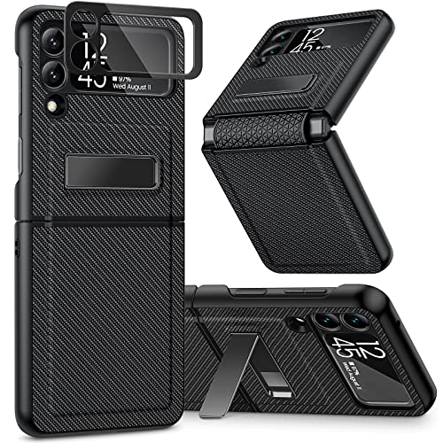 Caka Compatible with Galaxy Z Flip 3 5G Kickstand Case, Z Flip 3 Case with Camera Protector Hinge Protection Wireless Charging Compatible Cover Case for Samsung Galaxy Z Flip 3 (Carbon Fiber Black)