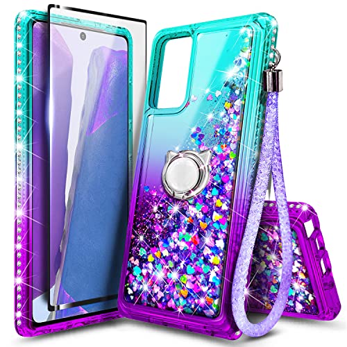 NZND Case for Samsung Galaxy A03S with Tempered Glass Screen Protector (Maximum Coverage), Ring Holder/Wrist Strap, Glitter Liquid Floating Waterfall Durable Girls Women Kids Cute Case (Aqua/Purple)