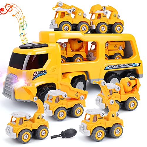 Toddler Kids Toys for 2 3 4 5 Year Old Boy, 5 in 1 Construction Vehicles Toy Trucks with Light and Melodies Friction Powered Carrier Car Birthday Gifts for Kids Boys Girls