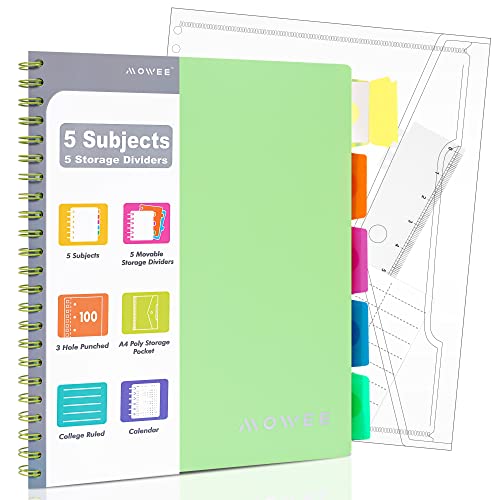 MOWEE Spiral Notebook – 5 Subject Notebook, College Ruled Notebook 3-Hole Punched With Dividers, Storage Pockets, 11″ Ruler, 200 Pages, for Writing Journal, Home &Office, School Supplies, A4, Lime Green
