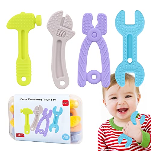 Ryfan Baby Teething Toys for Babies 0-6 Months,teethers for Babies 6-12 Months,Baby Toys,BPA Free Silicone Toolbox teether,car seat Toys,Infant Toys with Storage Box and 2pcs Pacifier Clip（4-Pack）