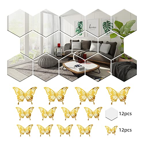 12pcs Removable Large Size Acrylic Hexagon Mirror Wall Stickers,Self-Adhesive Tiles, 3D Hexagonal, Non-Glass, add 3D gold Butterfly Stickers Decals 12pc for Home Bedroom Living Room reunion Decor(6.88 x 6.02 x 3.54 inchs）…