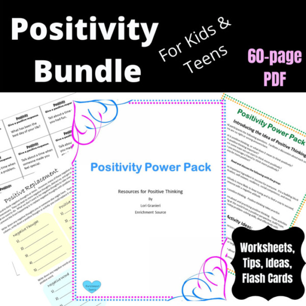 Positive Thinking Bundle for Kids and Teens, Positive Thoughts Worksheets, Suggestions, Flash Cards