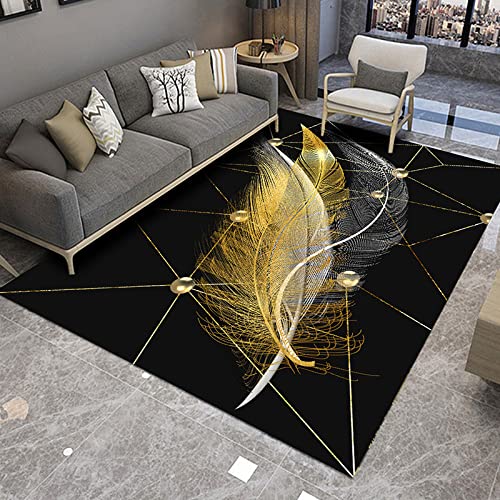 Black and Gold Rugs Large Feather Living Room Bedroom Carpet Outdoor Indoor Washable Rug 79 in x 55 in