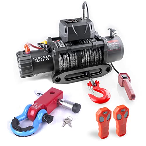 Pismire 12V Synthetic Rope Winch-12000 lb. Load Capacity Electric Winch Kit,Waterproof IP67 Electric Winch with Both Wireless Handheld Remote and Corded Control Recovery