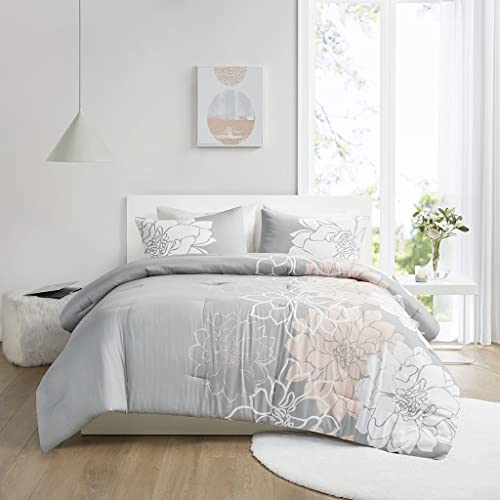 Madison Park Delilah Sateen Cotton Comforter Set, Breathable, Soft Cover, Modern Print, All Season Down Alternative Cozy Bedding with Matching Shams, Full/Queen, Grey/Blush 3 Piece