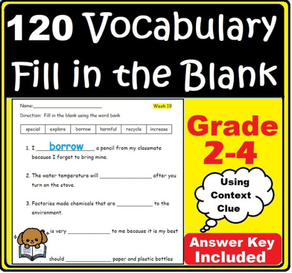 Vocabulary Fill In The Blank Worksheet Printable Grade 2-4 Context Clue Activity