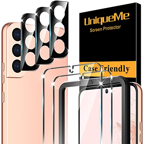 UniqueMe [5 in 1] Screen Protector Compatible with Samsung Galaxy S22 Plus 5G [Not for S22] Tempered Glass Screen Protector + Camera Lens Protector with Easy Installation Frame, Anti Scratch Bubble Free