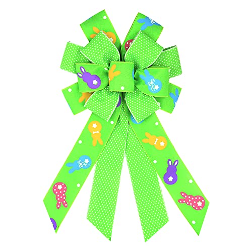 Easter Wreath Bows, Green Spots Rabbits Burlap Easter Bows for Wreaths – Large Easter Ribbon Bows for Easter Day Home Garden Indoor Outdoor Decoration Wreath Ornament Supplies