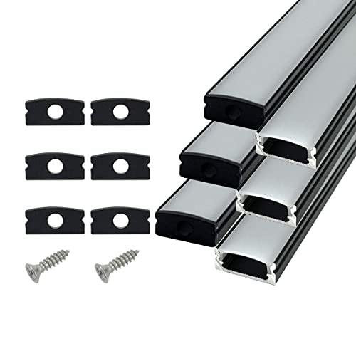 HAMRVL 6-Pack 30cm Led Channel Diffuser Black Aluminum with Mliky White Cover U Shape 17.2x7mm,Led Strip Light Track with End Caps and Mounting Clips Accessories ,Aluminum Profile for Led Strip Lights
