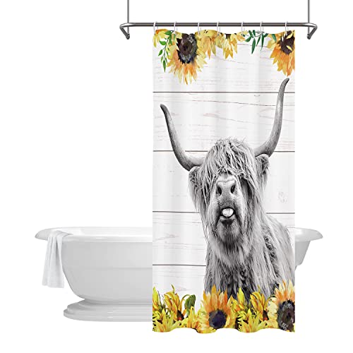 Kikiry Stall Shower Curtain 36”W x 72”L Highland Cow Sunflower 36 Inch Half Bathroom Curtains Farmhouse Funny Bull Cattle Cute Animal Design Polyester Fabric 7 Pack Plastic Hooks