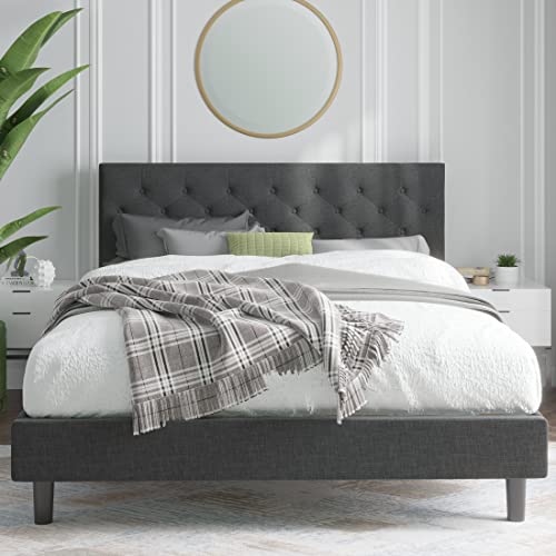 Catrimown Queen Platform Bed Frame with headboard / Upholstered Stitched Button Tufted Adjustable Headboard / Wood Slat Support / No Box Spring Needed / Easy Assembly （Grey）
