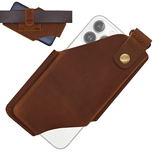 Leather Cell Phone Holster for Men Belt Phone Pouch Cell Phone Belt Holder, Perfect for Father Birthday Valentine Gift for Husband Boyfriend, Brown, with Clip Ring