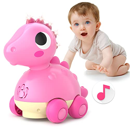Miukids Baby Girls Toys 18 Months Touch & Go Crawling Dinosaur with Light Up and Music for 18 Months Old Infant and Toddler – Pink