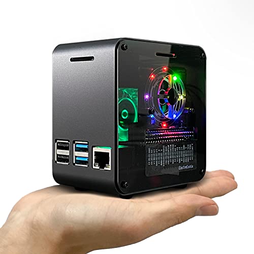 ElectroCookie Raspberry Pi 4 Case, Aluminum Mini Tower Case with Cooling Fan and Color Changing Ambient Light (Matte Black & Dark Gray)
